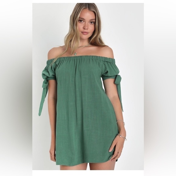 Lulus Olive Green Al Fresco Evenings Olive Green Off-the-Shoulder Dress Large - Picture 1 of 13